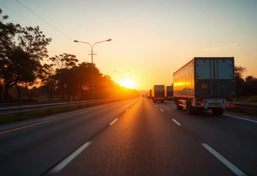 Caminhão de carga trafegando em rodovia ao amanhecer