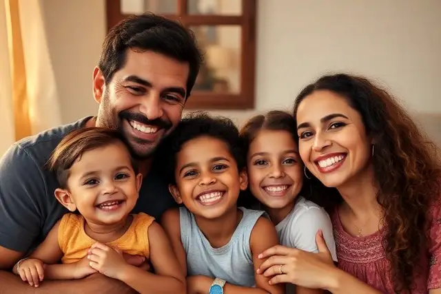 Família reunida em casa, pais e filhos sentados juntos na sala em fim de tarde